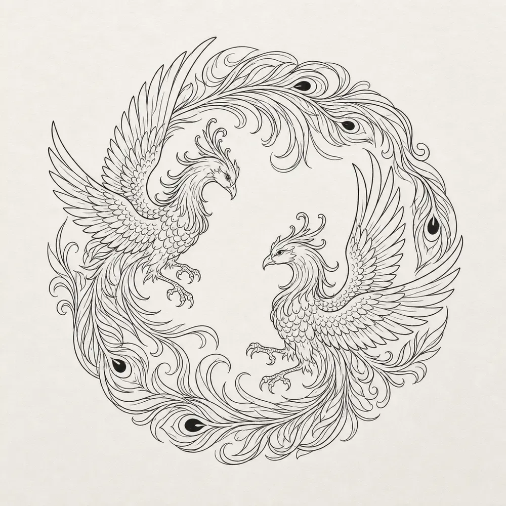 Two crested phoenixes facing each other inside a ring formed by their long tails, which carry small solid black eyes, in fine black line.