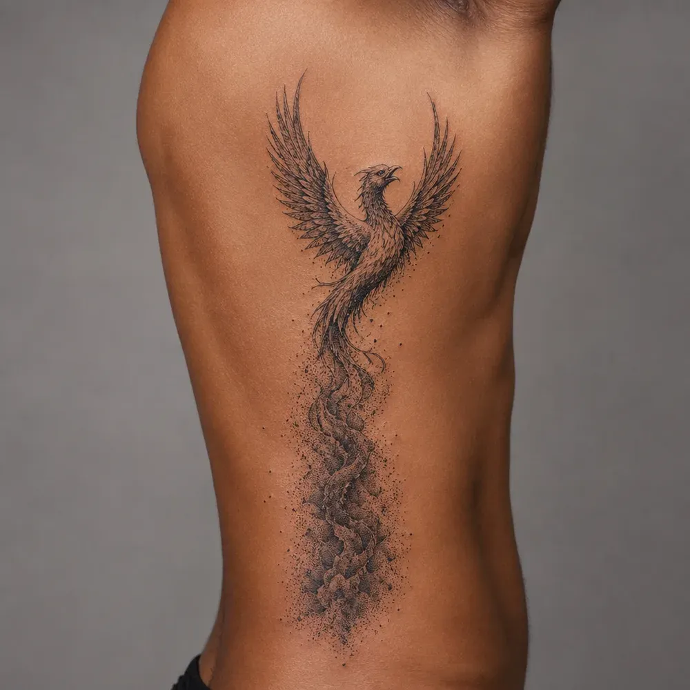 A phoenix with raised wings whose tail dissolves into a column of stippled smoke, tattooed down the side of the ribcage on warm brown skin.