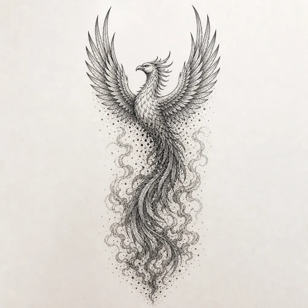 A phoenix with wings raised, its lower body and long tail breaking up into a column of stippled smoke and scattered black dots.