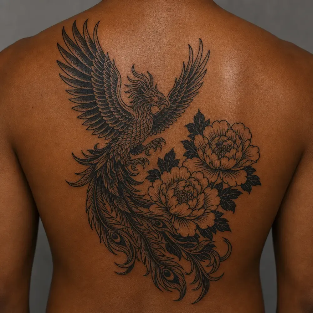 A Japanese ho-o with spread wings beside two peonies, its tail curling below, tattooed across the upper back of deep brown skin.