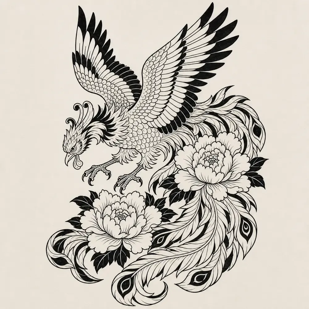 A Japanese ho-o swooping down with wings spread over two peonies, its long plumed tail curling around them, black fills in the feather tips.