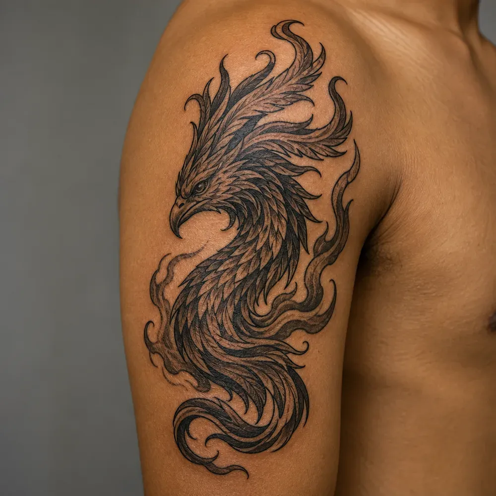 A neo-traditional phoenix head with a flaming crest and a curling feathered body tattooed on the outer upper arm of golden tan skin.