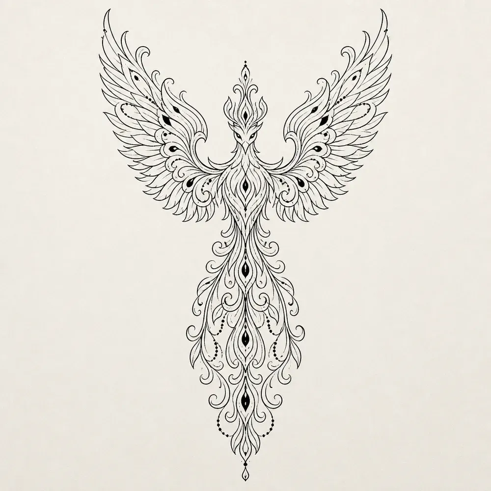 A symmetrical front-facing phoenix with mirrored wings and a lace-like tail of scrollwork, small black teardrops and dotted chains down the centre.