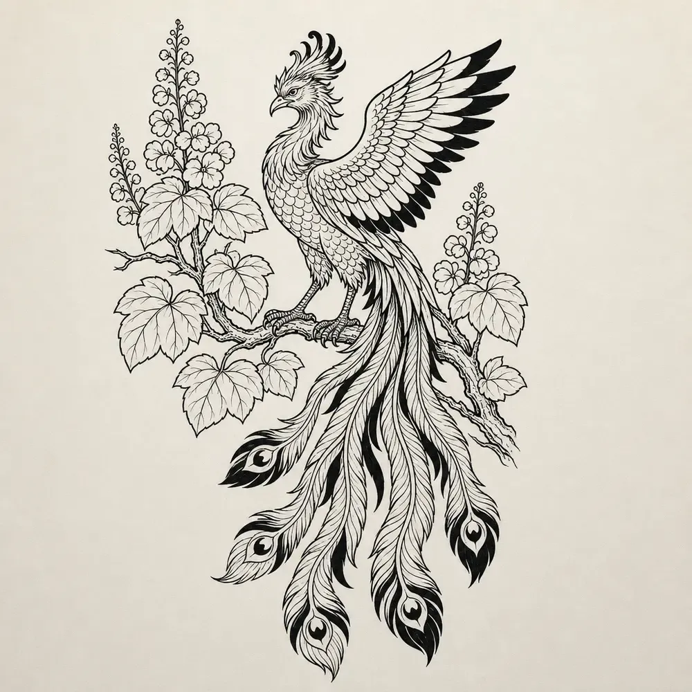 A ho-o perched on a paulownia branch with broad leaves and flower spikes, one wing raised and long eyed tail plumes hanging below.