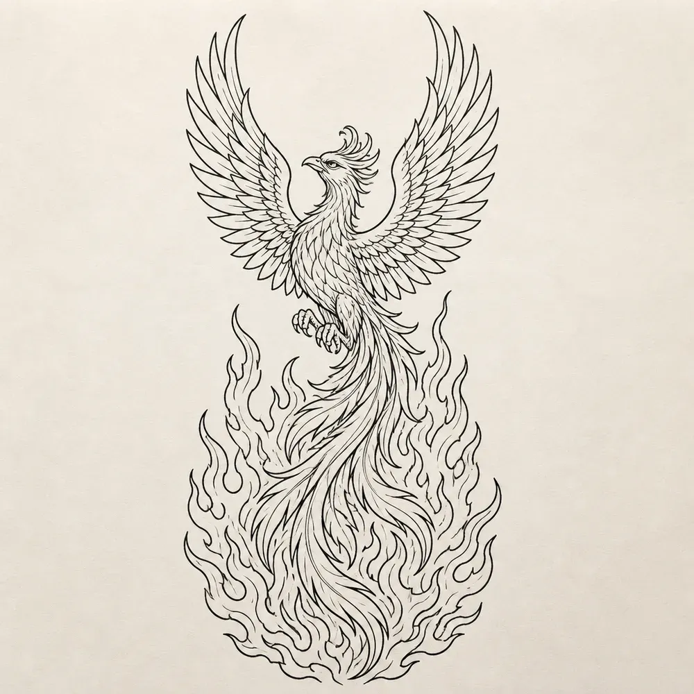 A phoenix rising with both wings raised high, its long feathered tail falling into a tall mound of flames drawn in fine black line.