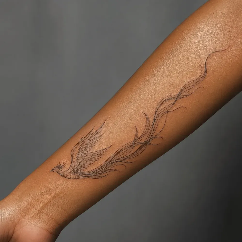 A fine-line phoenix gliding with a long wispy tail, tattooed lengthwise along the inner forearm of warm brown skin.