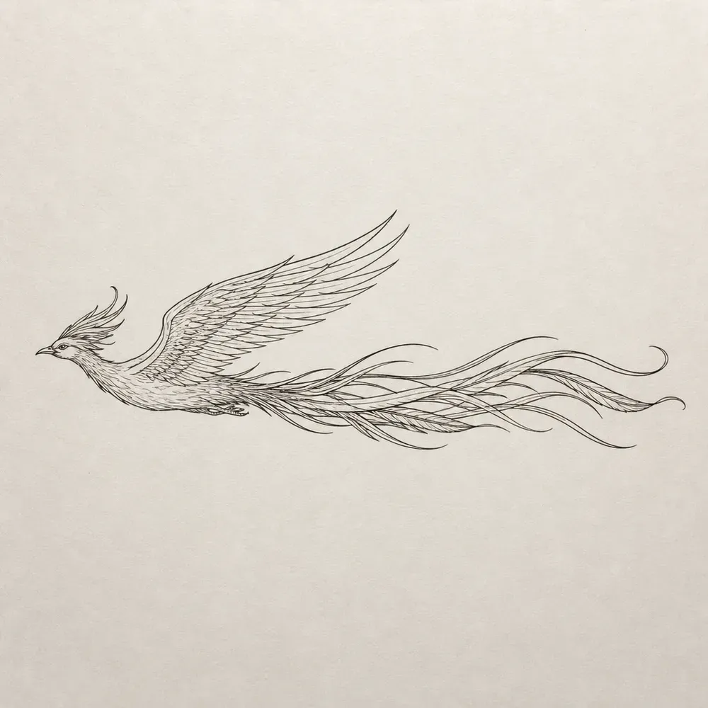 A slim phoenix gliding to the left in side view, wings swept back, with a very long tail of thin trailing lines behind it.