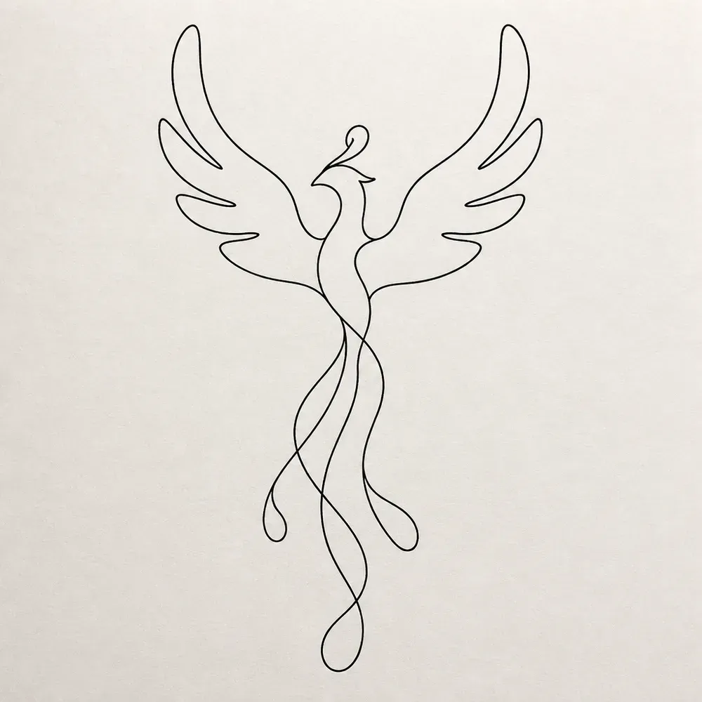A minimal phoenix drawn in one thin continuous line, two looped wings raised, a small crested head and a tail of long crossing loops.