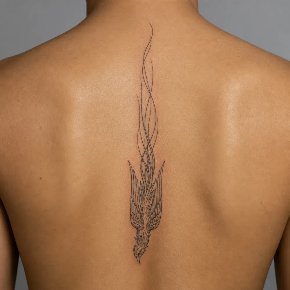 A fine-line phoenix diving head down with thin tail ribbons above it, tattooed along the spine between the shoulder blades on light tan skin.