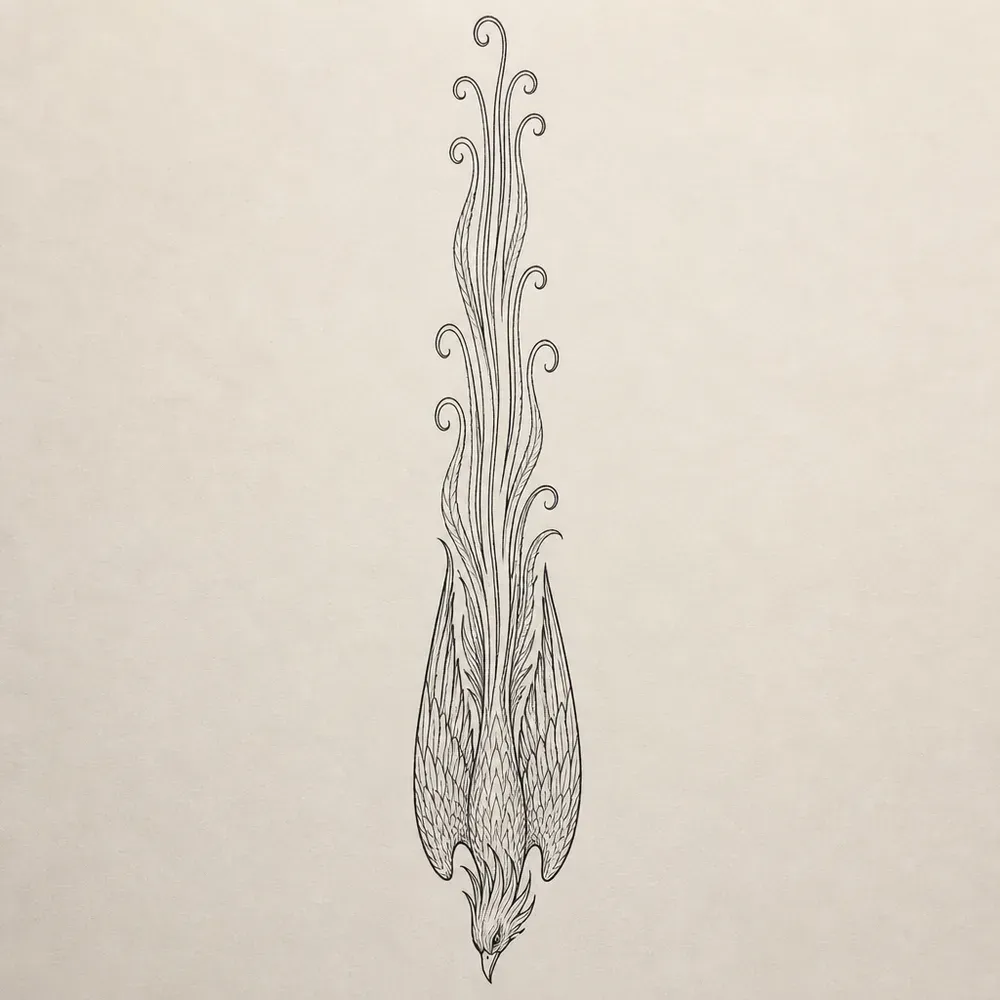 A slim phoenix diving head down with wings folded, its tail rising above it in long thin ribbons that end in small curls.