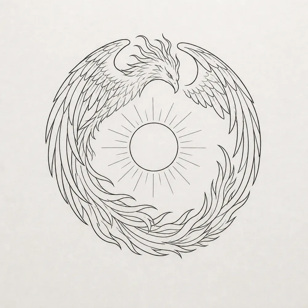 A phoenix at the top of a ring, wings curving down both sides and tail feathers closing the circle around a small rayed sun, in fine line.