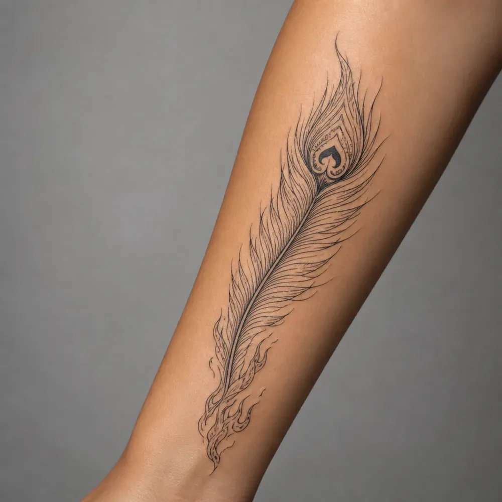 A long fine-line feather with a heart-shaped eye near the top and flame wisps at its base, tattooed along the forearm of light tan skin.