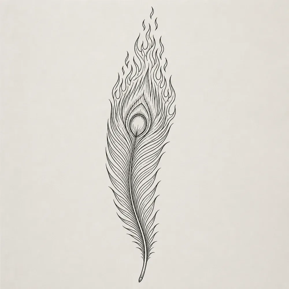 A single long feather in fine line with an eye near the top and its tip breaking into small upward flames.