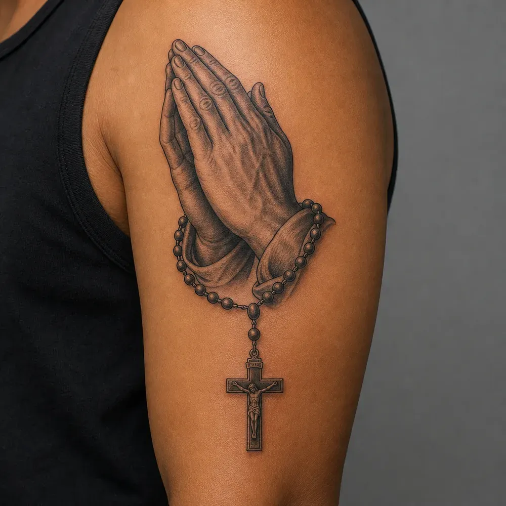 Praying hands with a rosary looped round the wrists tattooed down the outside of the upper arm, the cross hanging below, on medium brown skin.