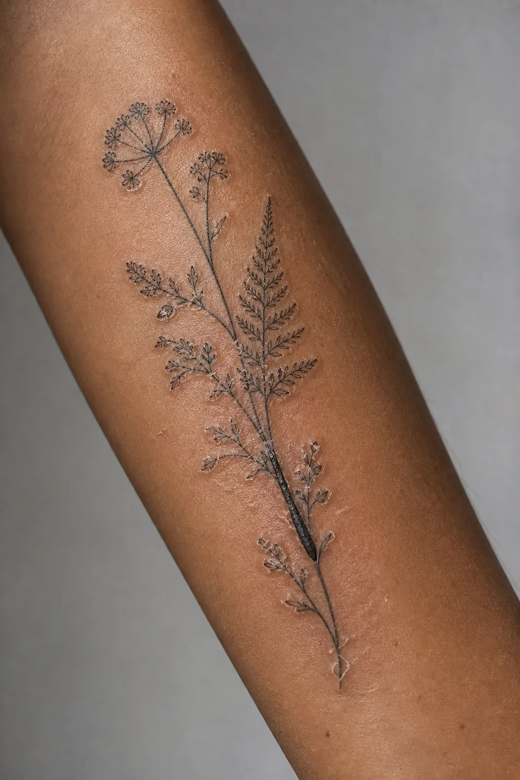 A fine line fern and wildflower tattoo on a forearm in Filipino warm brown skin, in its second week: the edges are lifting in small translucent flakes, and one dark dried scab sits along the thickest stem line. A generated illustration, not a client's tattoo.