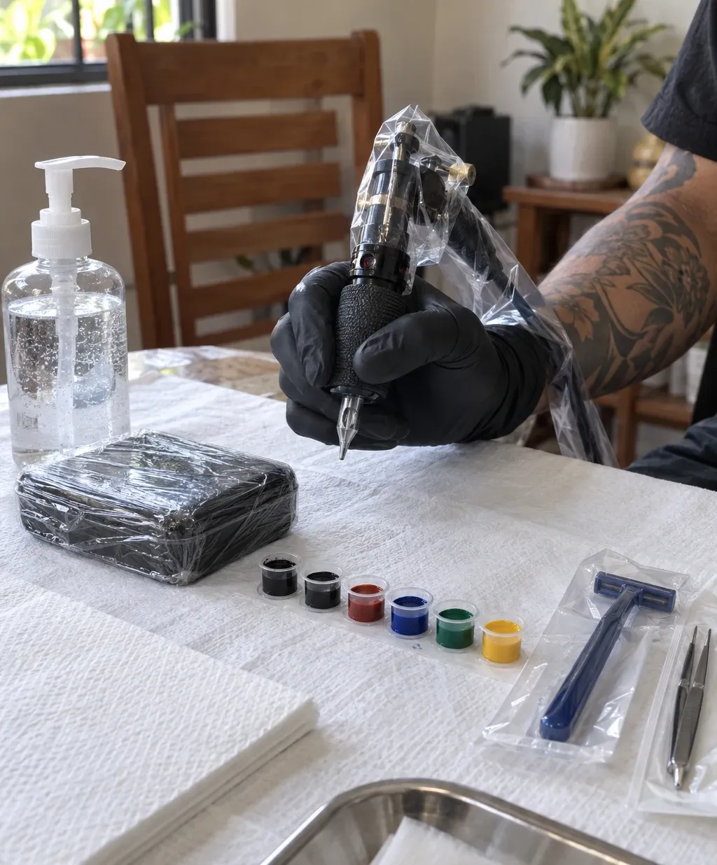 A tattoo machine sheathed in a clear plastic barrier sleeve, held in a gloved hand over a row of small ink caps. Everything rests on a white disposable barrier towel, beside a cling-wrapped case, a sealed razor, sterile tweezers and a pump bottle of sanitiser.