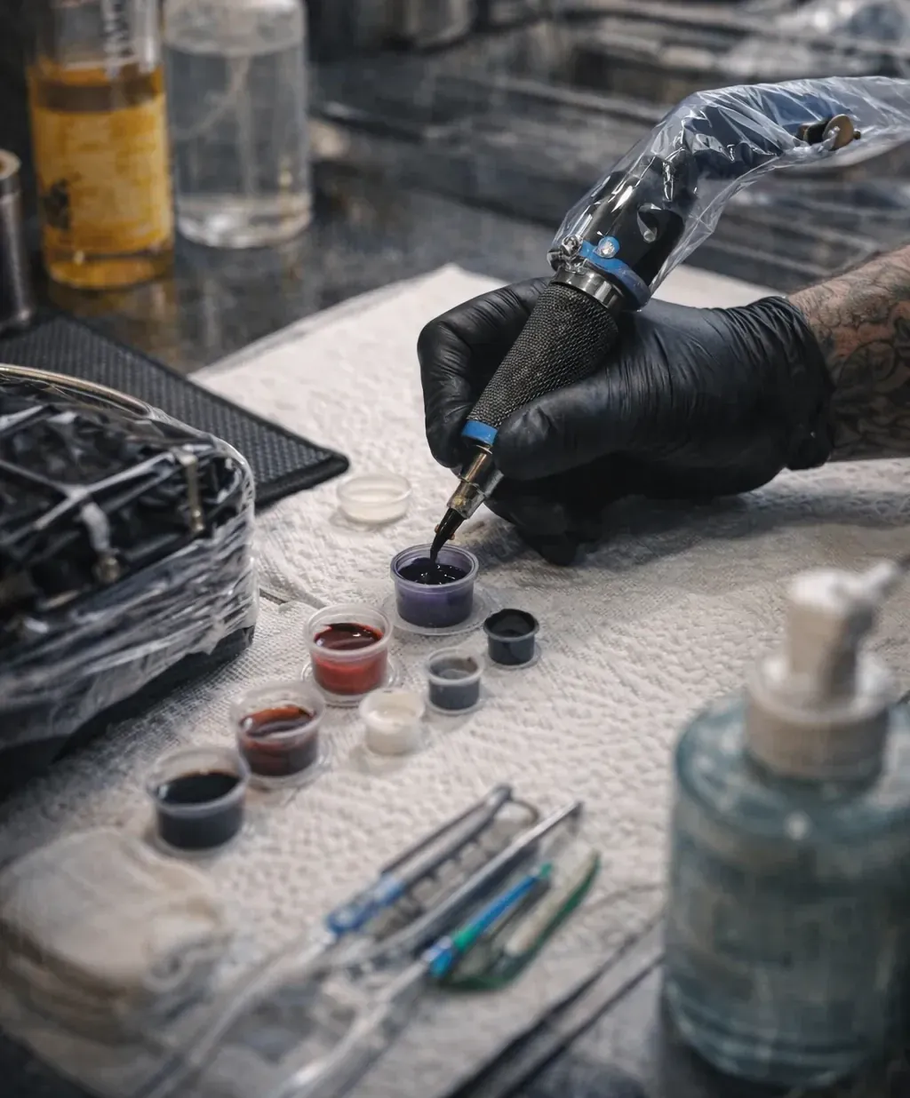 A tattoo machine sheathed in a clear plastic barrier sleeve, held in a gloved hand over a row of small ink caps. Everything rests on a white disposable barrier towel, beside a cling-wrapped case, a sealed razor, sterile tweezers and a pump bottle of sanitiser.