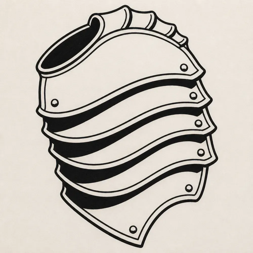 An empty armour pauldron of five curved overlapping steel plates with rolled edges and round rivets, shadow sides filled solid black.