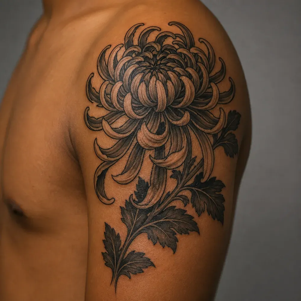 A shaded black chrysanthemum on a leafy stem running from the shoulder cap down the upper arm, on warm golden brown skin.
