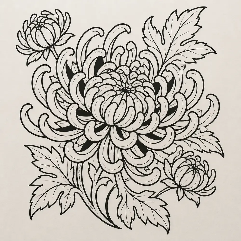 A large chrysanthemum bloom with curling petals, two smaller blooms and serrated leaves, drawn in bold black outline.