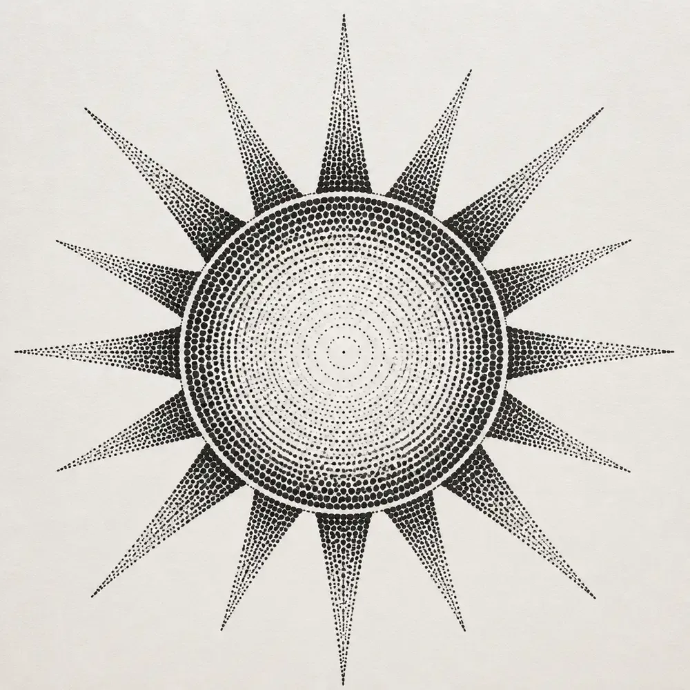 A round sun of concentric stippled dot rings, darker at the rim, with long and short pointed rays stippled darker at the base.