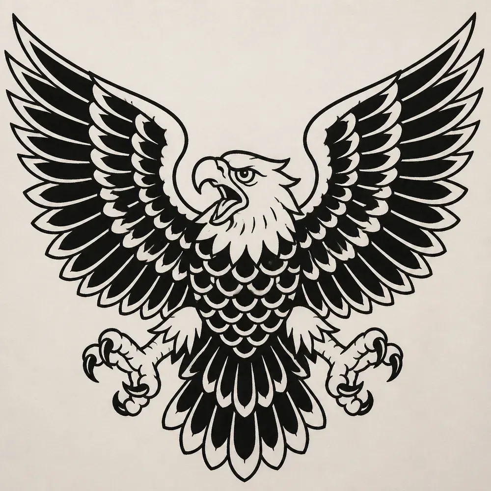 A front-facing eagle with wings spread wide and talons out, feathers drawn in bold black blocks with the head turned to one side.