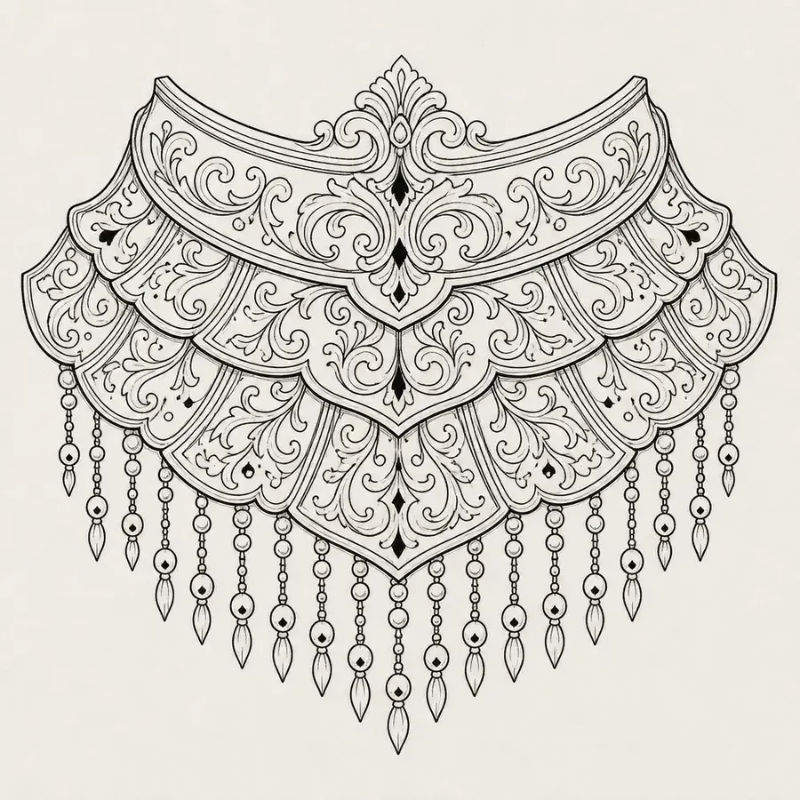 An ornamental epaulette in fine black line, layered scalloped plates filled with filigree scrolls above a fringe of hanging beaded drops.