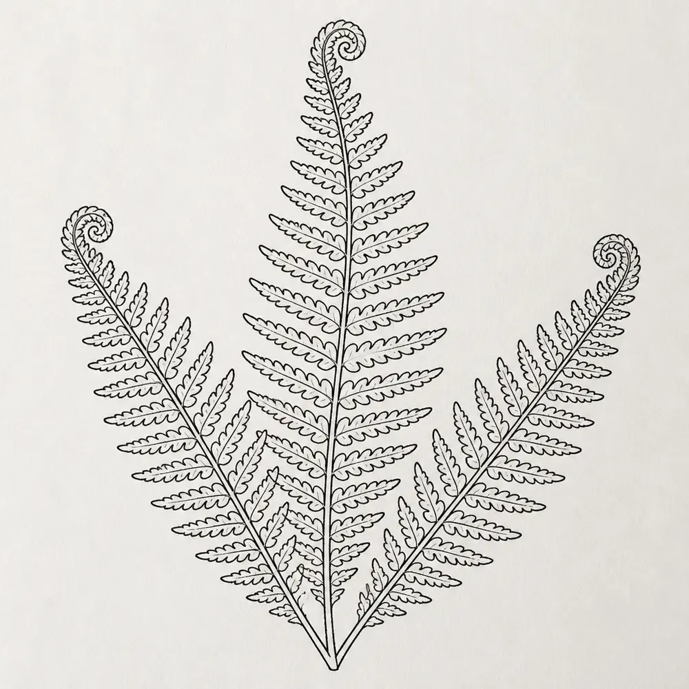 Three fern fronds fanning out from one point, each curling into a small fiddlehead at the tip, drawn in fine black line.