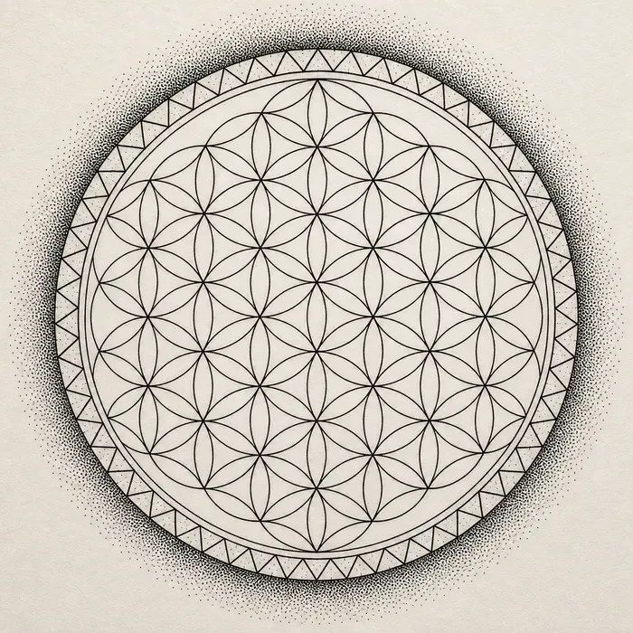 A flower of life grid of overlapping circles inside a ring of small triangles, with a stippled dotwork halo around the outside.
