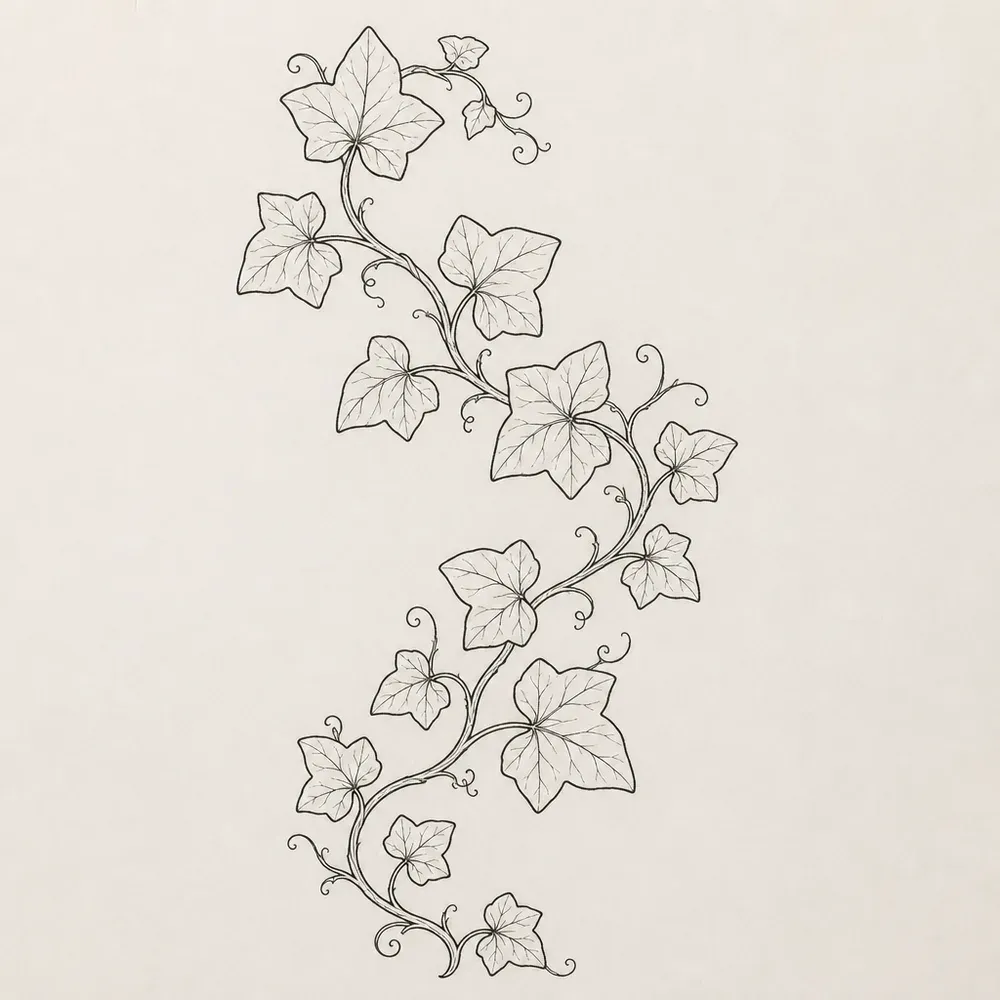 A winding ivy vine with pointed three-lobed leaves and small curling tendrils along its stem, drawn in fine black line.