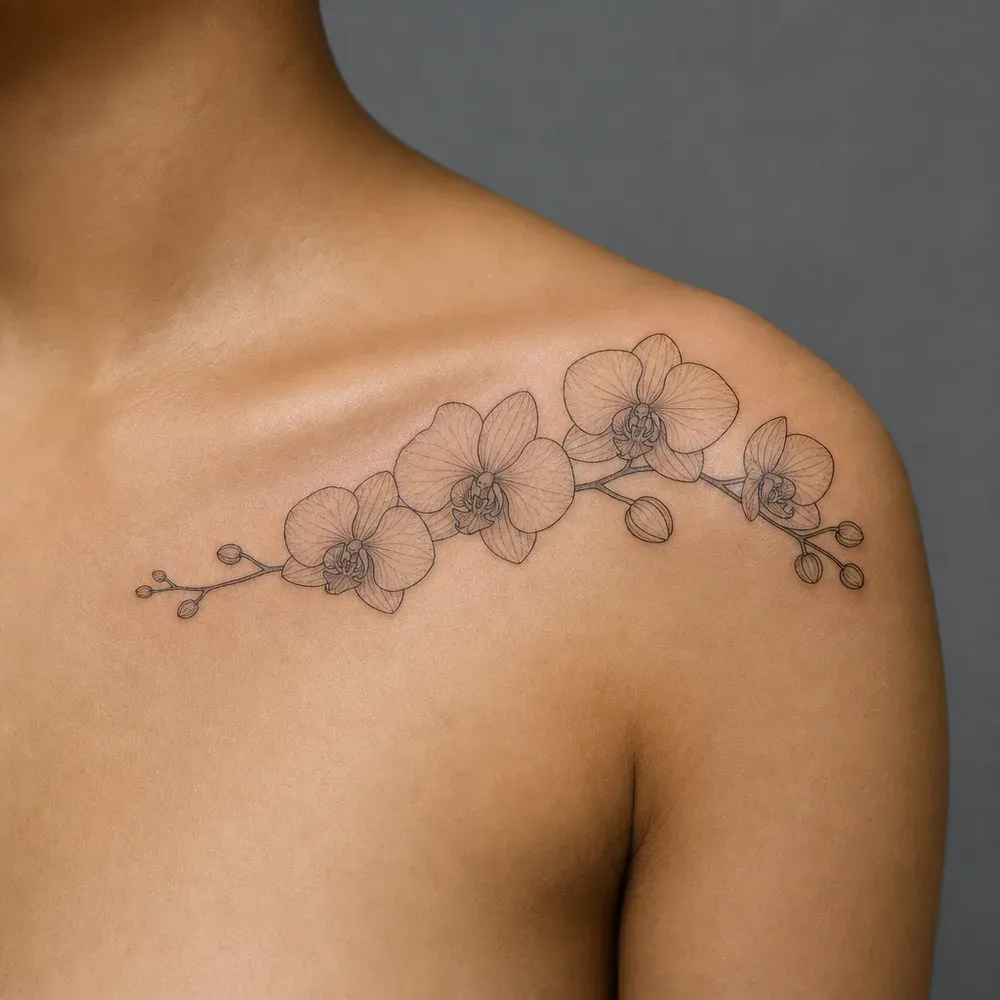 A fine-line orchid spray of four flowers and small buds running along the collarbone to the shoulder, on light warm tan skin.