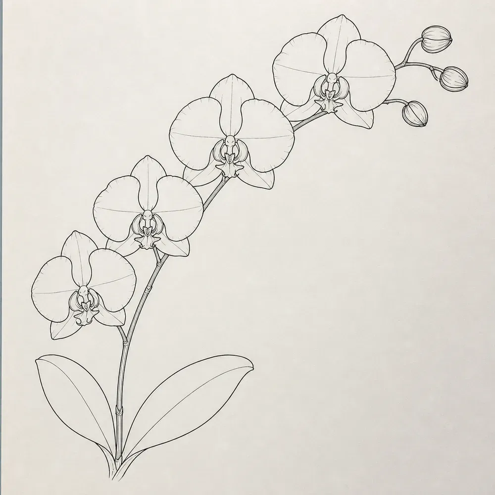 An arching orchid stem with five open moth orchid flowers, three buds at the tip and two broad leaves at the base, in fine black line.