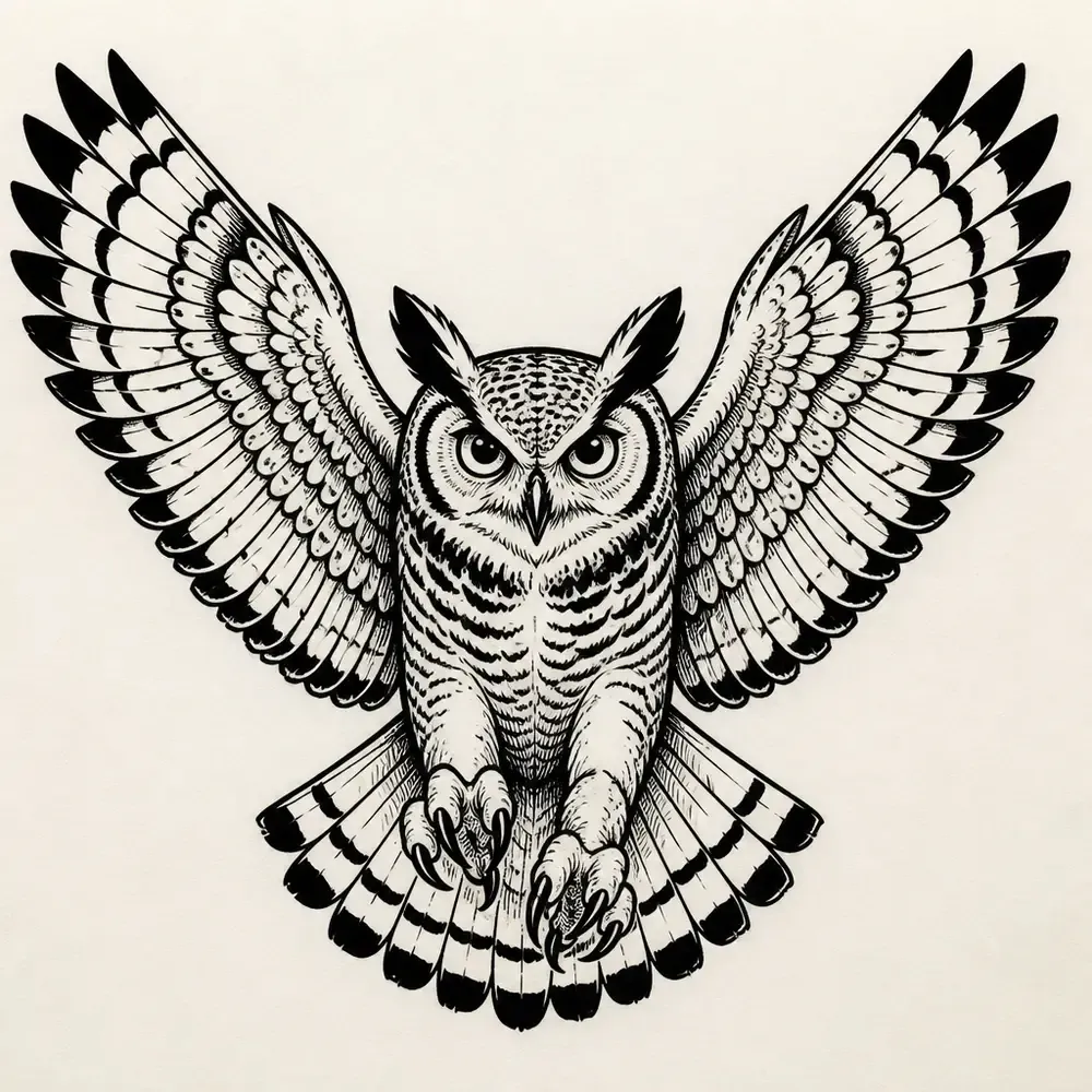 A horned owl flying straight at the viewer with wings raised and talons forward, its feathers drawn in fine black line with barred black tips.