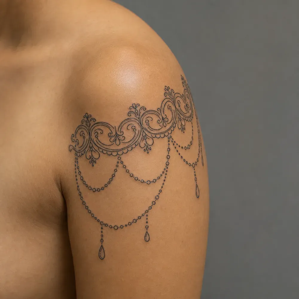 A fine filigree band with draped pearl strands and teardrop pendants across the top of the shoulder, on light warm tan skin.