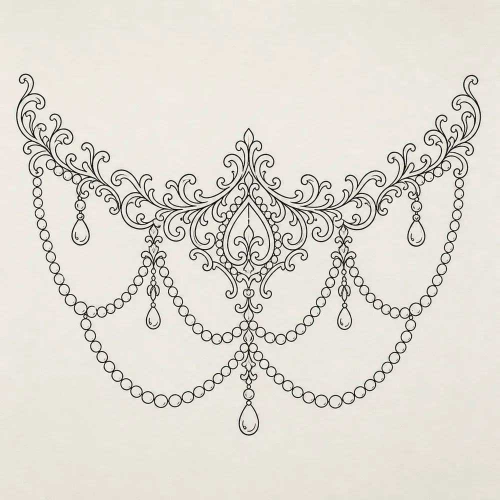 A curved band of lace-like filigree scrolls with looping strands of pearls and teardrop pendants hanging beneath it, in fine black line.