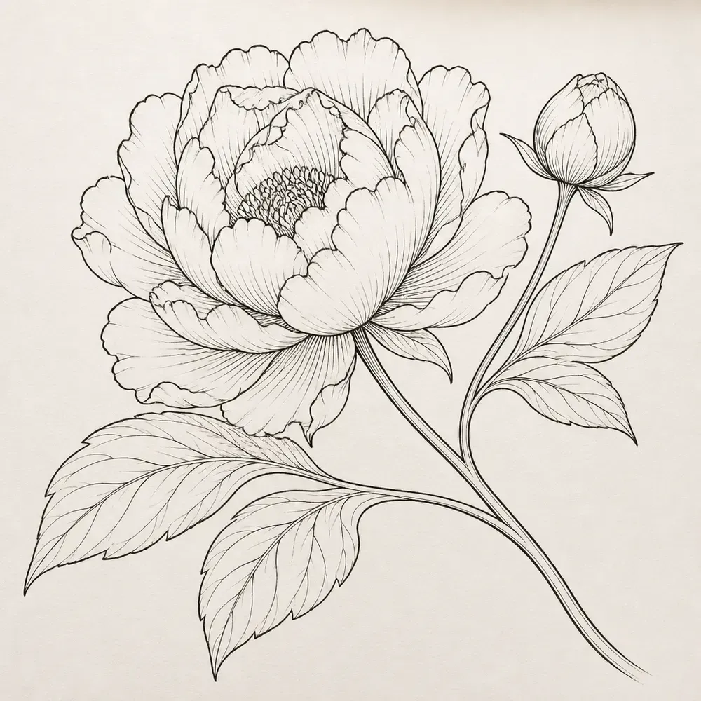 A full open peony beside a closed bud on a curving stem with three leaves, drawn in fine black line with light hatching.