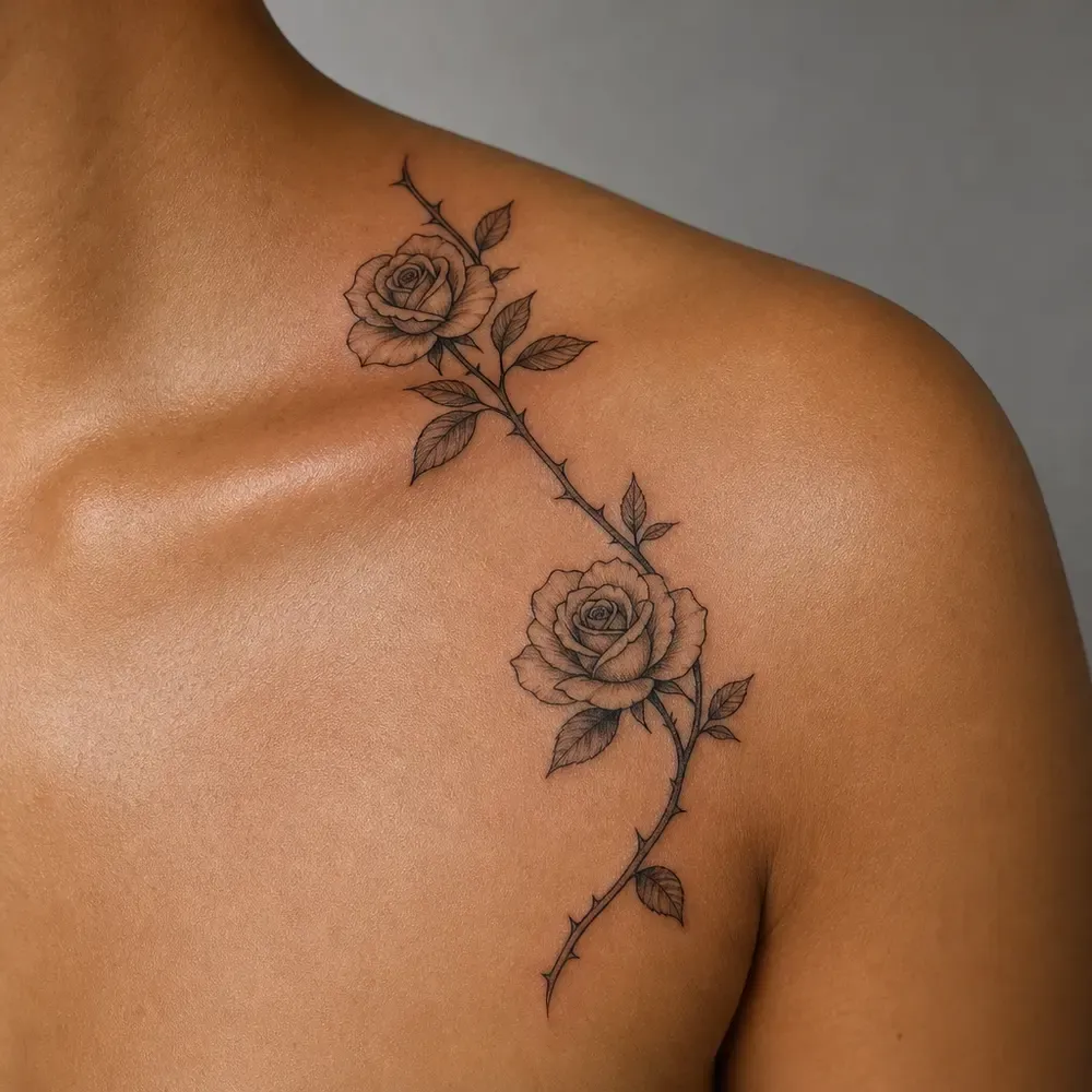 A fine-line thorned rose vine with two roses curving from the shoulder cap down below the collarbone, on medium brown skin.