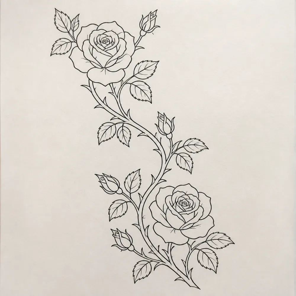 A thorned rose vine in a long S curve with two open roses, several small buds and serrated leaves, drawn in fine black outline.