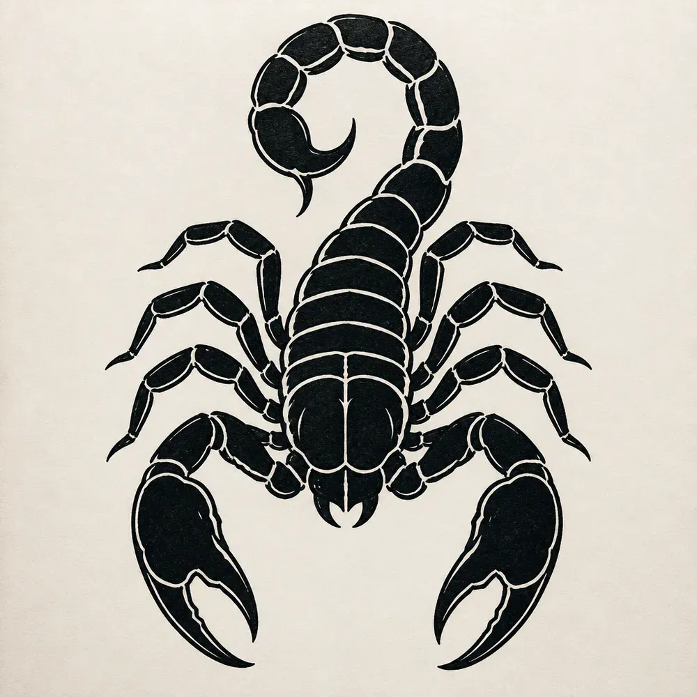 A scorpion seen from above, body, legs and pincers filled solid black with thin open highlight lines, tail curled over its back.