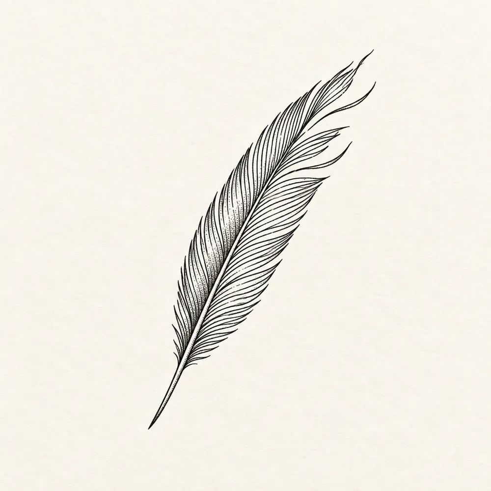 One long feather at an angle, the barbs drawn as fine parallel strokes with several separated near the tip and a tapering quill below.