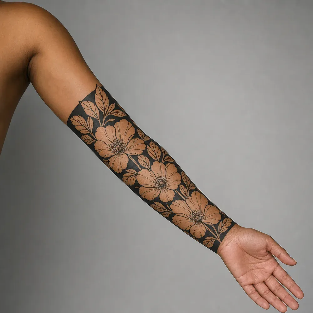 A forearm half sleeve of solid black with three large flowers and leaves left as bare skin, from elbow to wrist on warm brown skin.