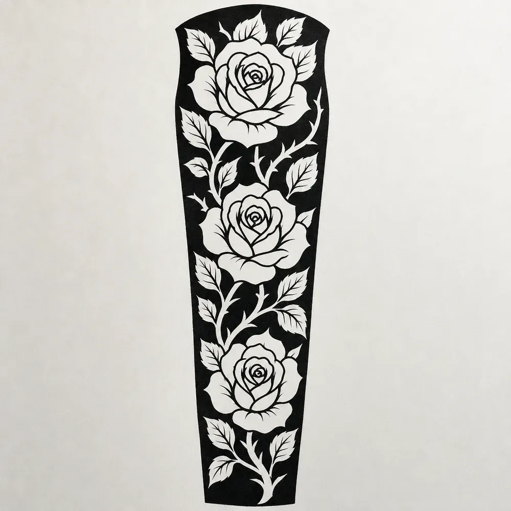 A tapering arm-shaped panel of solid black with three open roses, leaves and a thorned stem left as bare paper running down its length.