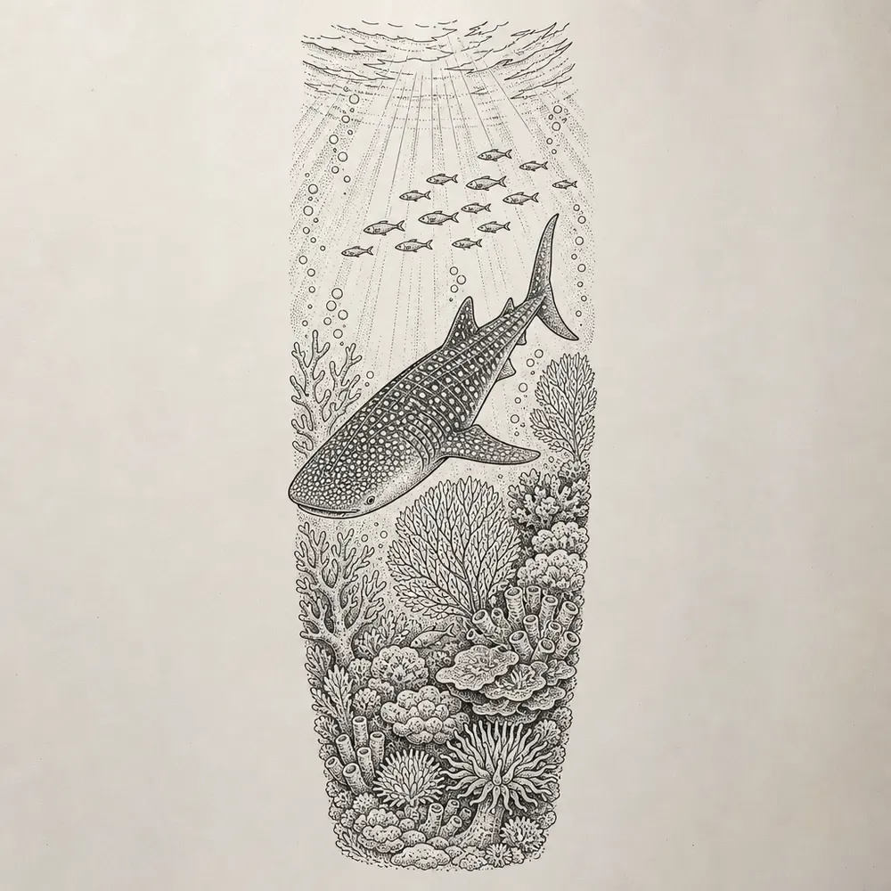 A tall underwater scene in fine black line and stipple: light rays and a school of small fish at the top, a spotted whale shark, and dense coral below.