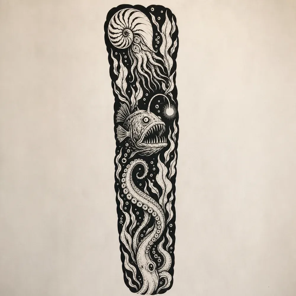 A tall black panel with a nautilus shell at the top, an anglerfish with its glowing lure in the middle and curling octopus tentacles filling the bottom.