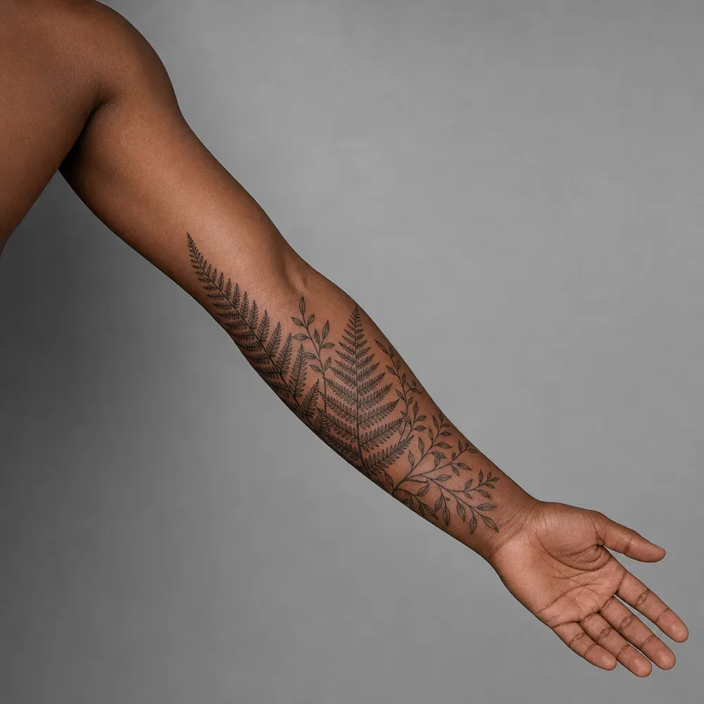 Fern fronds and a leafy sprig tattooed in fine black line along the inner forearm from elbow to wrist, on deep brown skin.