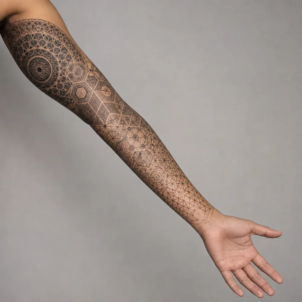 A full sleeve of geometric dotwork, a mandala at the shoulder, hexagon patterns down the upper arm and a fine triangle grid to the wrist, on olive skin.