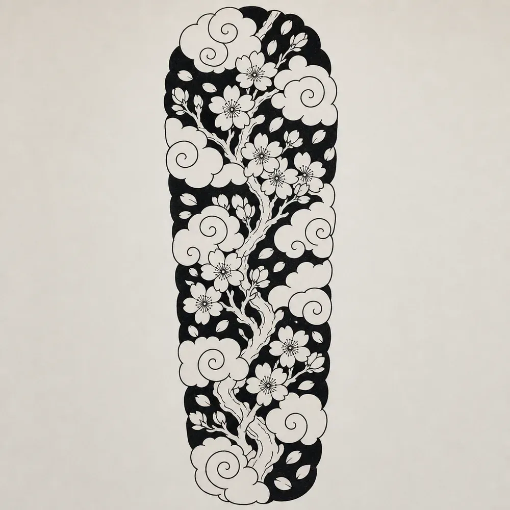 A rounded arm-length panel of a cherry branch in blossom twisting up through curled Japanese clouds, set against a solid black background.