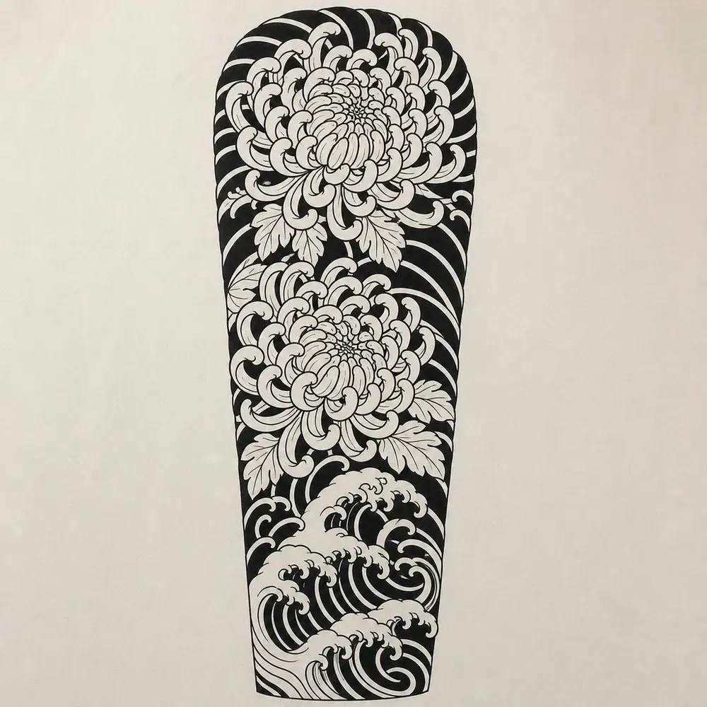 Two large chrysanthemums with leaves over black wind bars, crashing Japanese waves at the bottom, in a tapering arm-shaped panel.
