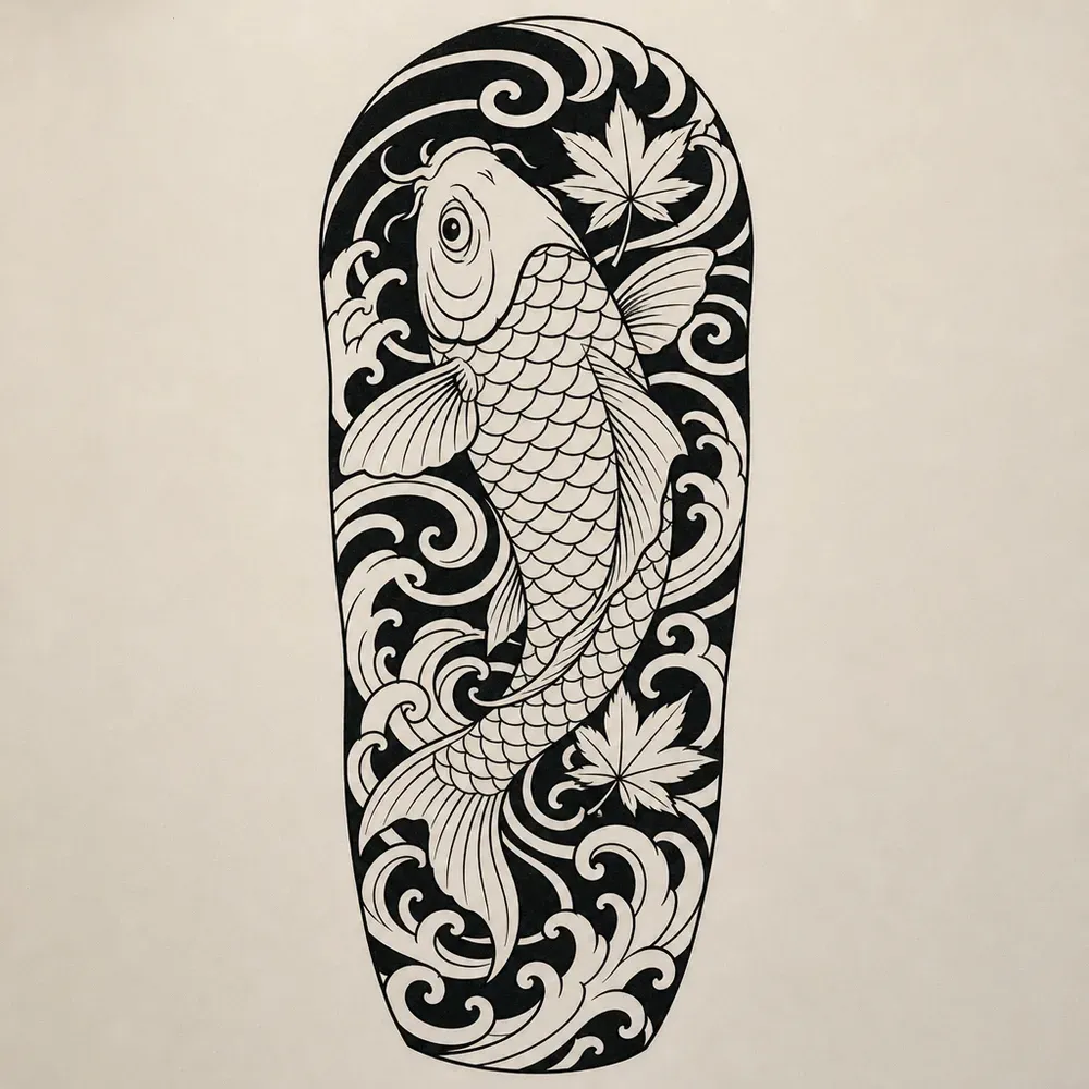 A large scaled koi swimming upward in a rounded arm-length panel, curling waves and maple leaves around it over a solid black background.