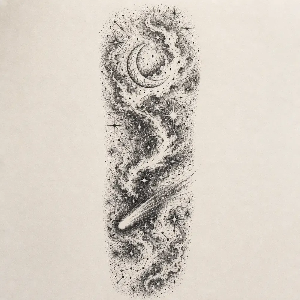 A swirling stippled nebula running down a tall strip, a crescent moon near the top, a comet lower down and fine constellation lines among sparkle stars.